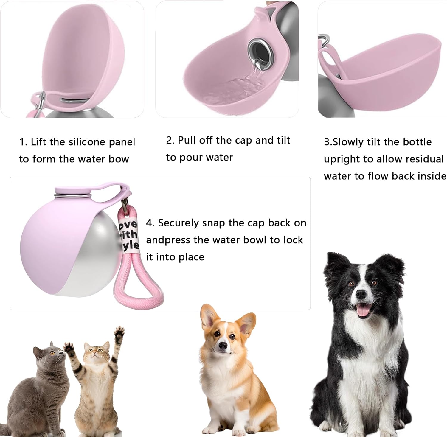 2-In-1 Portable Dog Water Bottle, Travel Hydration Dispenser Container Cup or Small Dogs - Leak-Proof & Compact Dog Travel, Foldables Pet Water Bottle for Small Dog Walking (Pink)